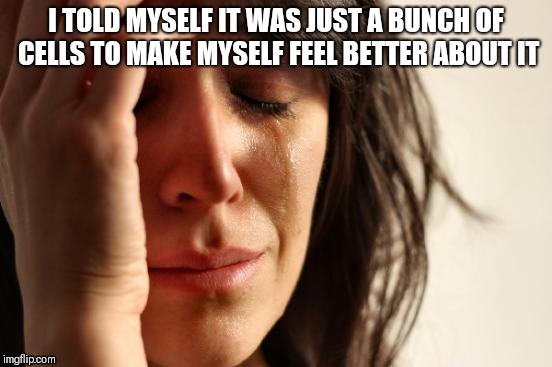 First World Problems Meme | I TOLD MYSELF IT WAS JUST A BUNCH OF CELLS TO MAKE MYSELF FEEL BETTER ABOUT IT | image tagged in memes,first world problems | made w/ Imgflip meme maker