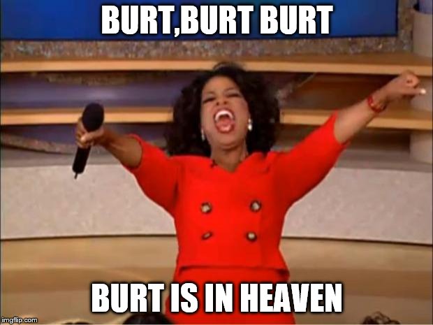 Oprah You Get A | BURT,BURT BURT; BURT IS IN HEAVEN | image tagged in memes,oprah you get a | made w/ Imgflip meme maker