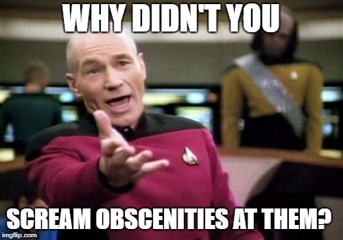 Picard Wtf Meme | WHY DIDN'T YOU SCREAM OBSCENITIES AT THEM? | image tagged in memes,picard wtf | made w/ Imgflip meme maker