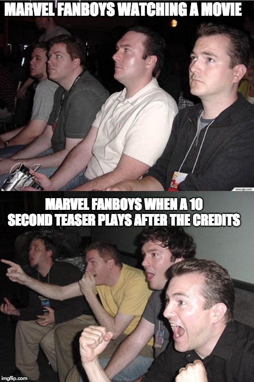 reaction guys | MARVEL FANBOYS WATCHING A MOVIE; MARVEL FANBOYS WHEN A 10 SECOND TEASER PLAYS AFTER THE CREDITS | image tagged in reaction guys | made w/ Imgflip meme maker