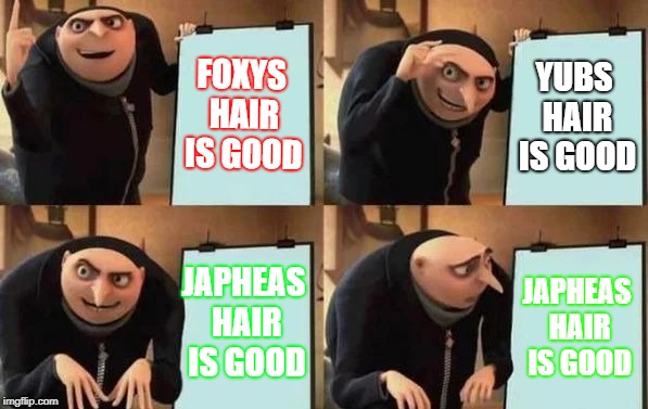 Gru's Plan | FOXYS HAIR IS GOOD; YUBS HAIR IS GOOD; JAPHEAS HAIR IS GOOD; JAPHEAS HAIR IS GOOD | image tagged in gru's plan | made w/ Imgflip meme maker
