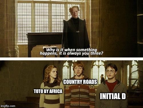 I don’t know what I just created | COUNTRY ROADS; TOTO BY AFRICA; INITIAL D | image tagged in memes,toto,john denver,deja vu | made w/ Imgflip meme maker