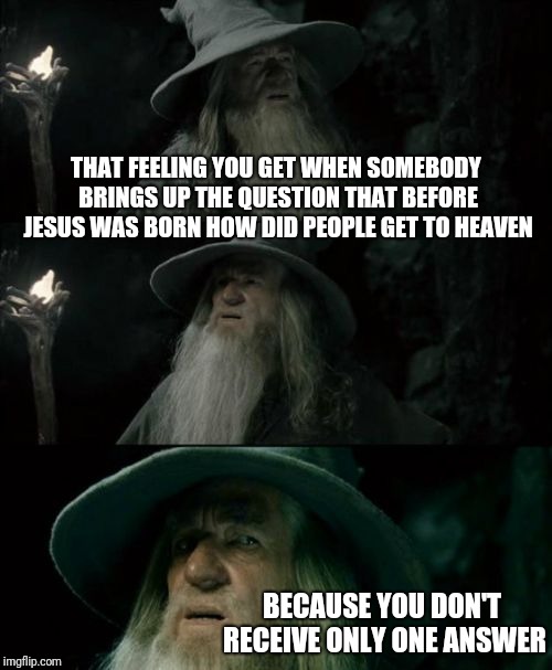 Confused Gandalf Meme | THAT FEELING YOU GET WHEN SOMEBODY BRINGS UP THE QUESTION THAT BEFORE JESUS WAS BORN HOW DID PEOPLE GET TO HEAVEN; BECAUSE YOU DON'T RECEIVE ONLY ONE ANSWER | image tagged in memes,confused gandalf | made w/ Imgflip meme maker