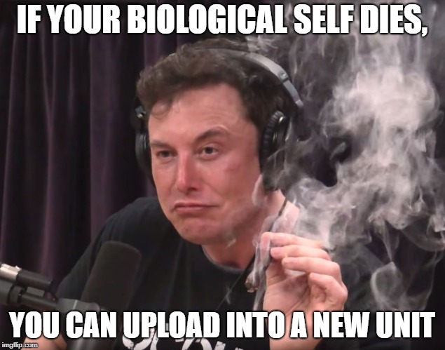 Elon Musk - New Unit |  IF YOUR BIOLOGICAL SELF DIES, YOU CAN UPLOAD INTO A NEW UNIT | image tagged in smoke,weed,elon musk,neuralink,joint,ai | made w/ Imgflip meme maker