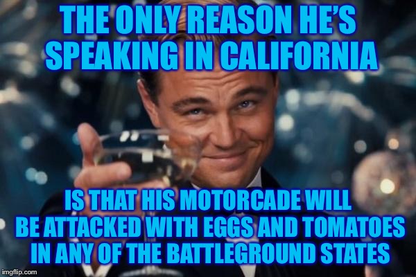 Leonardo Dicaprio Cheers Meme | THE ONLY REASON HE’S SPEAKING IN CALIFORNIA IS THAT HIS MOTORCADE WILL BE ATTACKED WITH EGGS AND TOMATOES IN ANY OF THE BATTLEGROUND STATES | image tagged in memes,leonardo dicaprio cheers | made w/ Imgflip meme maker