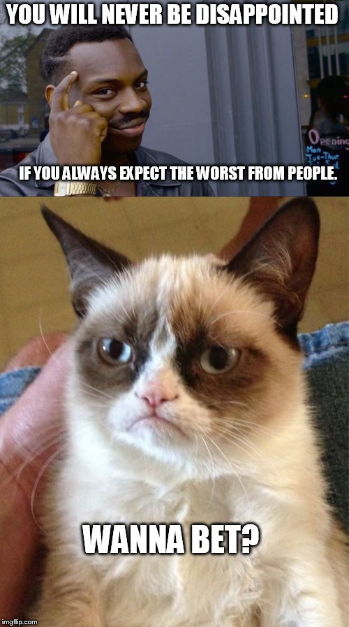some people have no limits | YOU WILL NEVER BE DISAPPOINTED; IF YOU ALWAYS EXPECT THE WORST FROM PEOPLE. WANNA BET? | image tagged in roll safe think about it,grumpy cat | made w/ Imgflip meme maker