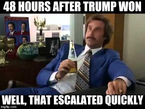 Well That Escalated Quickly | 48 HOURS AFTER TRUMP WON; WELL, THAT ESCALATED QUICKLY | image tagged in memes,well that escalated quickly | made w/ Imgflip meme maker