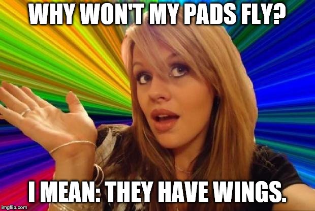 stupid girl meme | WHY WON'T MY PADS FLY? I MEAN: THEY HAVE WINGS. | image tagged in stupid girl meme | made w/ Imgflip meme maker