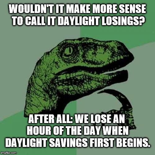 Philosoraptor | WOULDN'T IT MAKE MORE SENSE TO CALL IT DAYLIGHT LOSINGS? AFTER ALL: WE LOSE AN HOUR OF THE DAY WHEN DAYLIGHT SAVINGS FIRST BEGINS. | image tagged in memes,philosoraptor | made w/ Imgflip meme maker