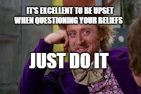 Gene Wilder Students | IT'S EXCELLENT TO BE UPSET WHEN QUESTIONING YOUR BELIEFS; JUST DO IT | image tagged in gene wilder students | made w/ Imgflip meme maker