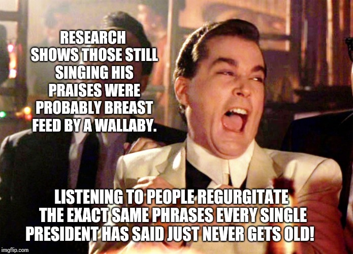 Good Fellas Hilarious Meme | RESEARCH SHOWS THOSE STILL SINGING HIS PRAISES WERE PROBABLY BREAST FEED BY A WALLABY. LISTENING TO PEOPLE REGURGITATE THE EXACT SAME PHRASE | image tagged in memes,good fellas hilarious | made w/ Imgflip meme maker