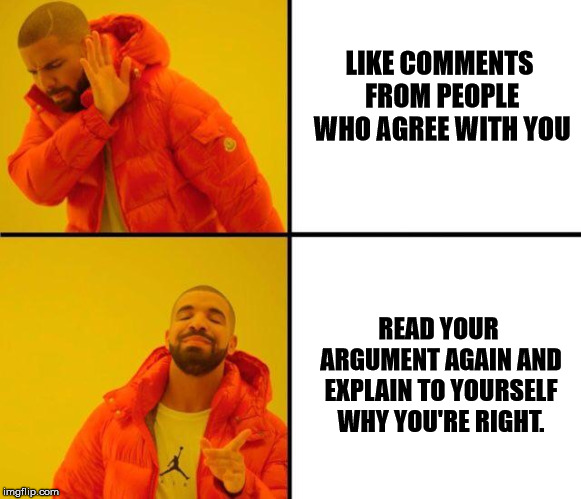 LIKE COMMENTS FROM PEOPLE WHO AGREE WITH YOU; READ YOUR ARGUMENT AGAIN AND EXPLAIN TO YOURSELF WHY YOU'RE RIGHT. | image tagged in drake | made w/ Imgflip meme maker