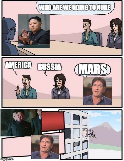 Boardroom Meeting Suggestion | WHO ARE WE GOING TO NUKE; AMERICA; MARS; RUSSIA | image tagged in memes,boardroom meeting suggestion | made w/ Imgflip meme maker