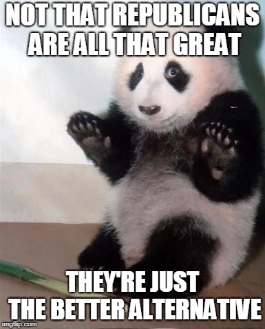 Hands Up panda | NOT THAT REPUBLICANS ARE ALL THAT GREAT THEY'RE JUST THE BETTER ALTERNATIVE | image tagged in hands up panda | made w/ Imgflip meme maker