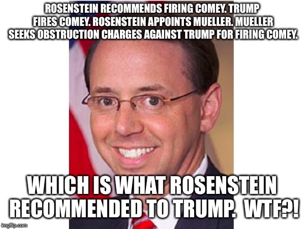 ROSENSTEIN RECOMMENDS FIRING COMEY. TRUMP FIRES COMEY. ROSENSTEIN APPOINTS MUELLER. MUELLER SEEKS OBSTRUCTION CHARGES AGAINST TRUMP FOR FIRING COMEY. WHICH IS WHAT ROSENSTEIN RECOMMENDED TO TRUMP.

WTF?! | made w/ Imgflip meme maker