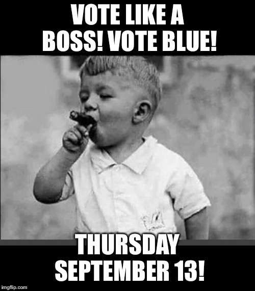 Vote blue | VOTE LIKE A BOSS! VOTE BLUE! THURSDAY SEPTEMBER 13! | image tagged in vote blue meme,blue wave,primary vote,voteblue meme,bluewave | made w/ Imgflip meme maker
