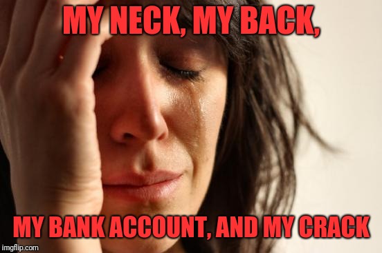 First World Problems | MY NECK, MY BACK, MY BANK ACCOUNT, AND MY CRACK | image tagged in memes,first world problems | made w/ Imgflip meme maker