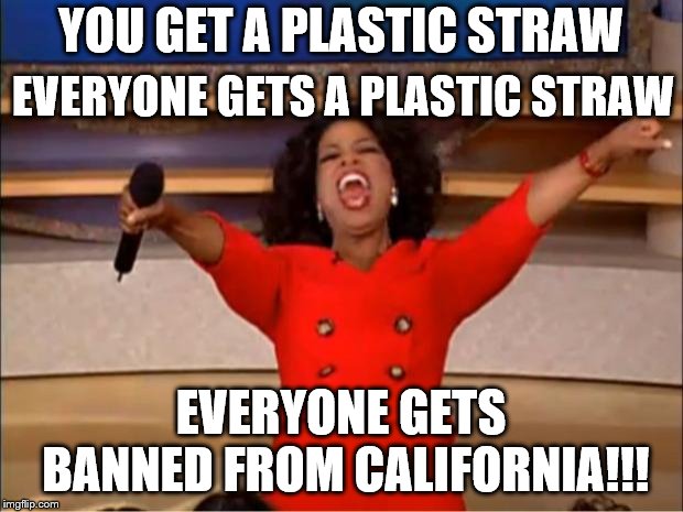 Oprah You Get A Plastic Straw | YOU GET A PLASTIC STRAW; EVERYONE GETS A PLASTIC STRAW; EVERYONE GETS BANNED FROM CALIFORNIA!!! | image tagged in memes,oprah you get a,funny,california,straws,plastic straws | made w/ Imgflip meme maker