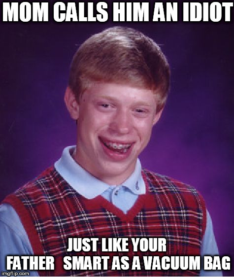Bad Luck Brian Meme | MOM CALLS HIM AN IDIOT JUST LIKE YOUR FATHER


SMART AS A VACUUM BAG | image tagged in memes,bad luck brian | made w/ Imgflip meme maker