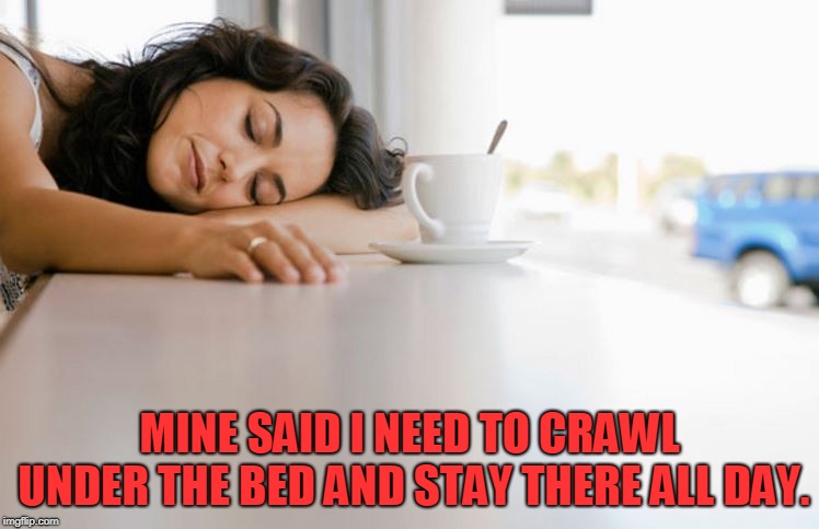 Tired Woman | MINE SAID I NEED TO CRAWL UNDER THE BED AND STAY THERE ALL DAY. | image tagged in tired woman | made w/ Imgflip meme maker