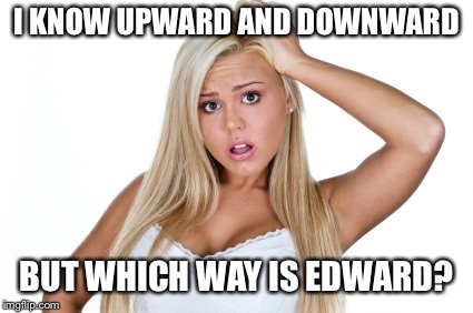 Dumb Blonde | I KNOW UPWARD AND DOWNWARD; BUT WHICH WAY IS EDWARD? | image tagged in dumb blonde,memes,bad pun | made w/ Imgflip meme maker
