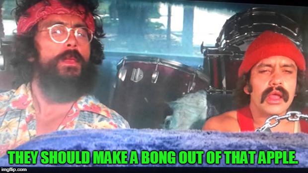 cheech and chong | THEY SHOULD MAKE A BONG OUT OF THAT APPLE. | image tagged in cheech and chong | made w/ Imgflip meme maker