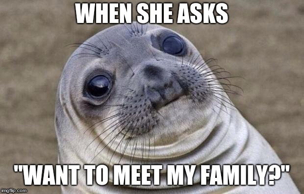 Awkward Moment Sealion Meme | WHEN SHE ASKS; "WANT TO MEET MY FAMILY?" | image tagged in memes,awkward moment sealion | made w/ Imgflip meme maker