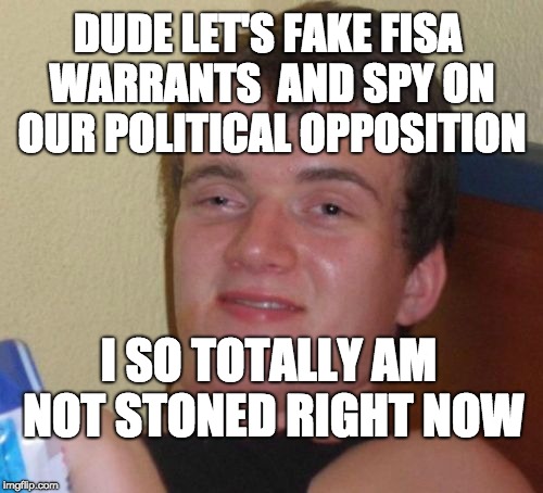 10 Guy Meme | DUDE LET'S FAKE FISA WARRANTS 
AND SPY ON OUR POLITICAL OPPOSITION; I SO TOTALLY AM NOT STONED RIGHT NOW | image tagged in memes,10 guy | made w/ Imgflip meme maker