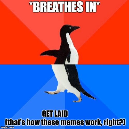 Socially Awesome Awkward Penguin | *BREATHES IN*; GET LAID













 (that's how these memes work, right?) | image tagged in memes,socially awesome awkward penguin | made w/ Imgflip meme maker