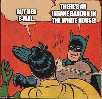 But Her E-Mails | THERE'S AN INSANE BABOON IN THE WHITE HOUSE! BUT HER E-MAI... | image tagged in memes,batman slapping robin,her emails,trump,bobcrespodotcom | made w/ Imgflip meme maker