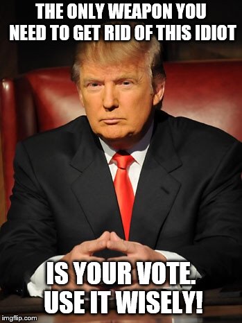 Probably the most important mid-terms in our lifetime. Get out there and make it happen! | THE ONLY WEAPON YOU NEED TO GET RID OF THIS IDIOT; IS YOUR VOTE. USE IT WISELY! | image tagged in donald trump,memes,dump trump,donald trump is an idiot,political memes,voting | made w/ Imgflip meme maker