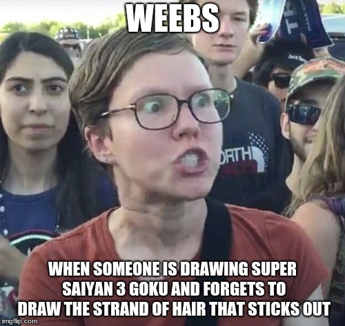 It's literally just hair. | WEEBS; WHEN SOMEONE IS DRAWING SUPER SAIYAN 3 GOKU AND FORGETS TO DRAW THE STRAND OF HAIR THAT STICKS OUT | image tagged in triggered feminist,weaboo,dragon ball z | made w/ Imgflip meme maker