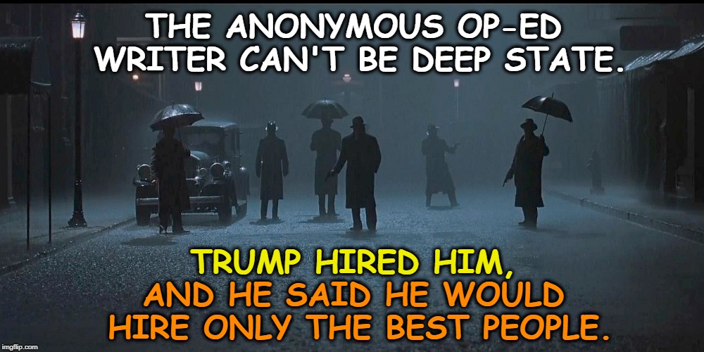 Hold on a minute. | THE ANONYMOUS OP-ED WRITER CAN'T BE DEEP STATE. TRUMP HIRED HIM, AND HE SAID HE WOULD HIRE ONLY THE BEST PEOPLE. | image tagged in op-ed,deep state,trump,best people | made w/ Imgflip meme maker