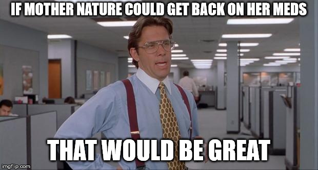 Seriously...Just over it | IF MOTHER NATURE COULD GET BACK ON HER MEDS; THAT WOULD BE GREAT | image tagged in that would be great,weather,climate change,wildfires,hurricanes,flooding | made w/ Imgflip meme maker