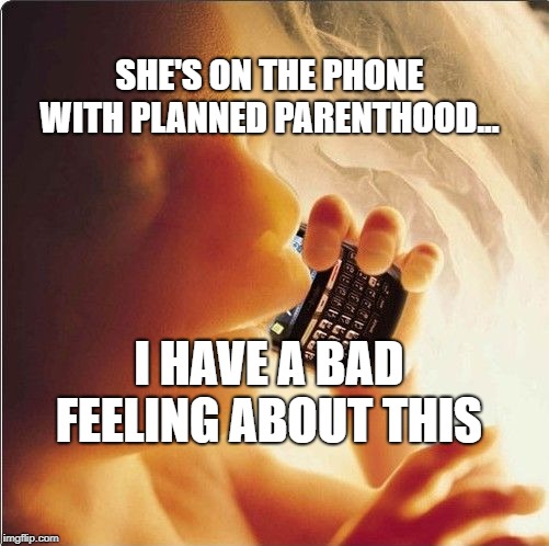 Baby in womb on cell phone - fetus blackberry | SHE'S ON THE PHONE WITH PLANNED PARENTHOOD... I HAVE A BAD FEELING ABOUT THIS | image tagged in baby in womb on cell phone - fetus blackberry | made w/ Imgflip meme maker