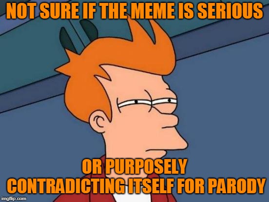 Futurama Fry Meme | NOT SURE IF THE MEME IS SERIOUS OR PURPOSELY CONTRADICTING ITSELF FOR PARODY | image tagged in memes,futurama fry | made w/ Imgflip meme maker