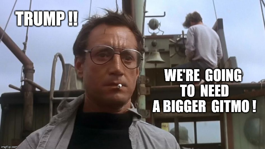 Going to need a bigger boat | TRUMP !! WE'RE  GOING  TO  NEED  A BIGGER  GITMO ! | image tagged in going to need a bigger boat | made w/ Imgflip meme maker