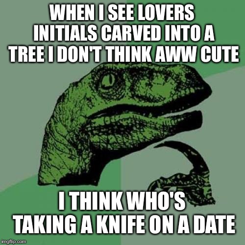 Philosoraptor Meme | WHEN I SEE LOVERS INITIALS CARVED INTO A TREE I DON'T THINK AWW CUTE; I THINK WHO'S TAKING A KNIFE ON A DATE | image tagged in memes,philosoraptor | made w/ Imgflip meme maker