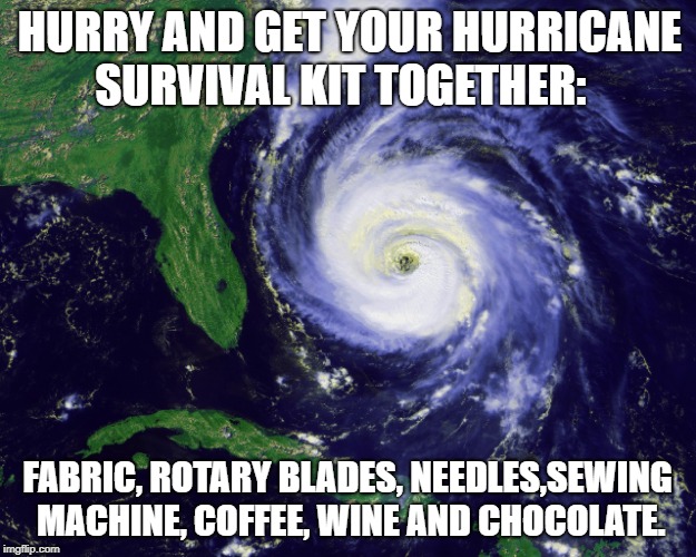 hurricane | HURRY AND GET YOUR HURRICANE SURVIVAL KIT TOGETHER:; FABRIC, ROTARY BLADES, NEEDLES,SEWING MACHINE, COFFEE, WINE AND CHOCOLATE. | image tagged in hurricane | made w/ Imgflip meme maker