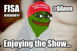 Declassify #FISA? Enjoying the Show... #QAnon | #QAnon; FISA; DECLASSIFY? Enjoying the Show... | image tagged in comfey pepe,doj,fbi investigation,deep state,spygate,funny memes | made w/ Imgflip meme maker