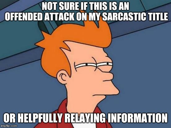 Futurama Fry Meme | NOT SURE IF THIS IS AN OFFENDED ATTACK ON MY SARCASTIC TITLE OR HELPFULLY RELAYING INFORMATION | image tagged in memes,futurama fry | made w/ Imgflip meme maker