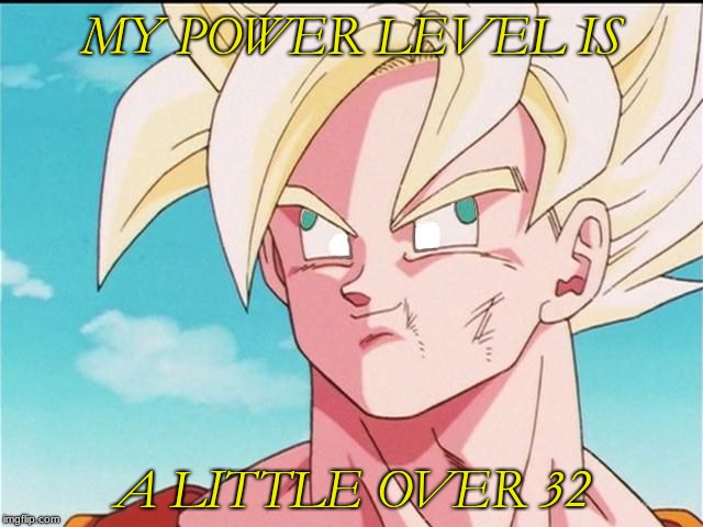 Goku Derp Face | MY POWER LEVEL IS; A LITTLE OVER 32 | image tagged in goku derp face | made w/ Imgflip meme maker