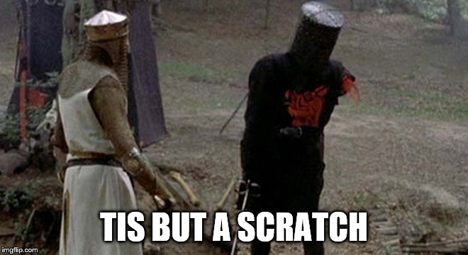 Tis but a scratch | TIS BUT A SCRATCH | image tagged in tis but a scratch | made w/ Imgflip meme maker