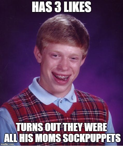 HAS 3 LIKES TURNS OUT THEY WERE ALL HIS MOMS SOCKPUPPETS | image tagged in memes,bad luck brian | made w/ Imgflip meme maker