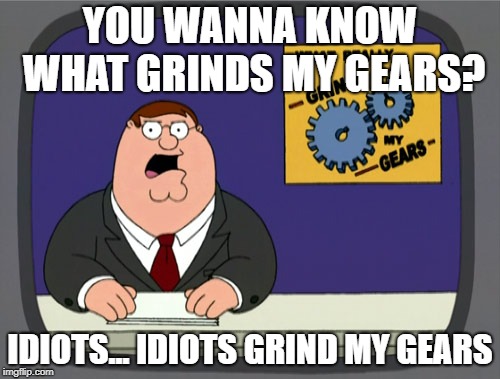 Peter Griffin News | YOU WANNA KNOW WHAT GRINDS MY GEARS? IDIOTS... IDIOTS GRIND MY GEARS | image tagged in memes,peter griffin news | made w/ Imgflip meme maker
