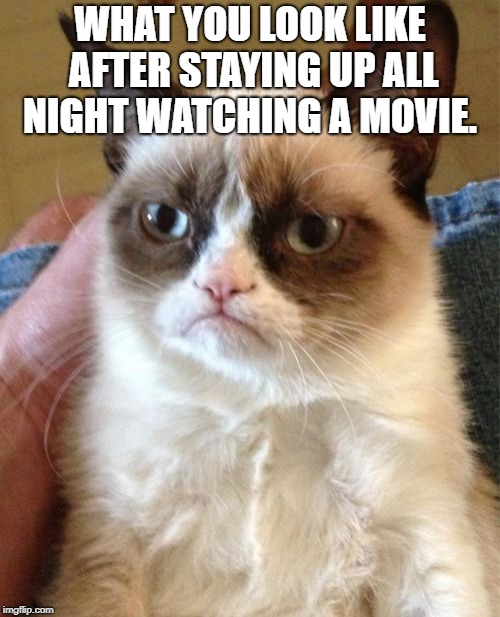 Grumpy Cat Meme | WHAT YOU LOOK LIKE AFTER STAYING UP ALL NIGHT WATCHING A MOVIE. | image tagged in memes,grumpy cat | made w/ Imgflip meme maker