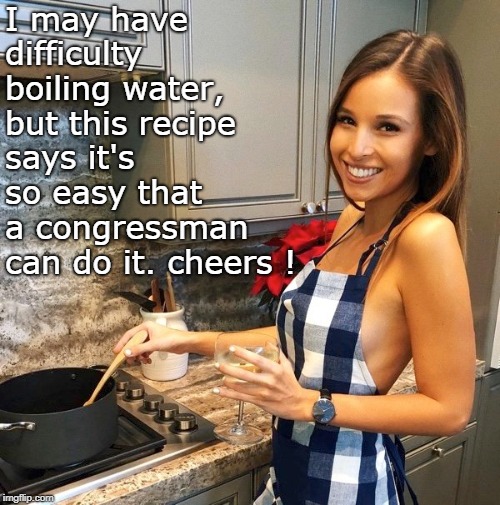 instructions so easy a congress person can do it.have a glass of vino ! | I may have difficulty boiling water, but this recipe  says it's so easy that a congressman can do it. cheers ! | image tagged in cook with wine,what's cooking babe,stop electing dimwits | made w/ Imgflip meme maker
