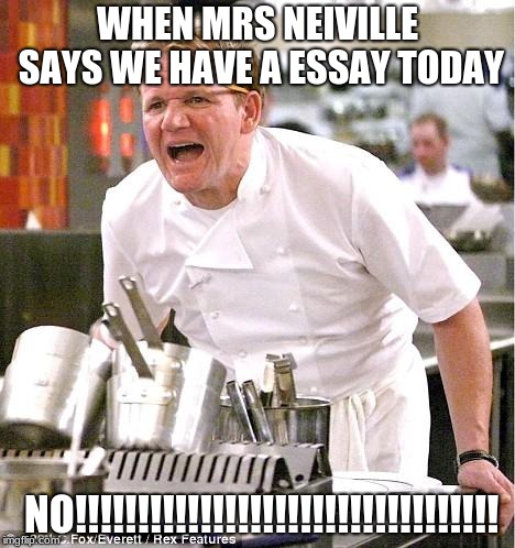 Chef Gordon Ramsay | WHEN MRS NEIVILLE SAYS WE HAVE A ESSAY TODAY; NO!!!!!!!!!!!!!!!!!!!!!!!!!!!!!!!!!! | image tagged in memes,chef gordon ramsay | made w/ Imgflip meme maker