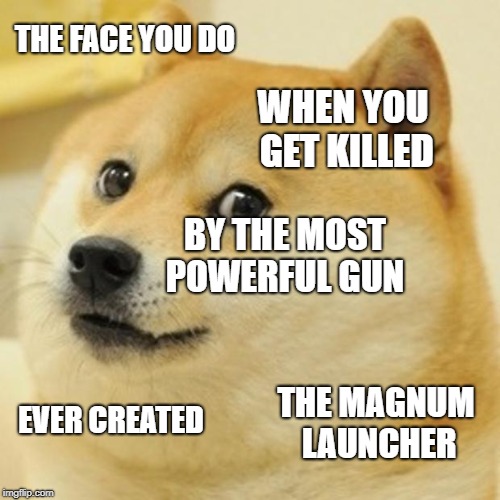Doge Meme | THE FACE YOU DO; WHEN YOU GET KILLED; BY THE MOST POWERFUL GUN; THE MAGNUM LAUNCHER; EVER CREATED | image tagged in memes,doge | made w/ Imgflip meme maker