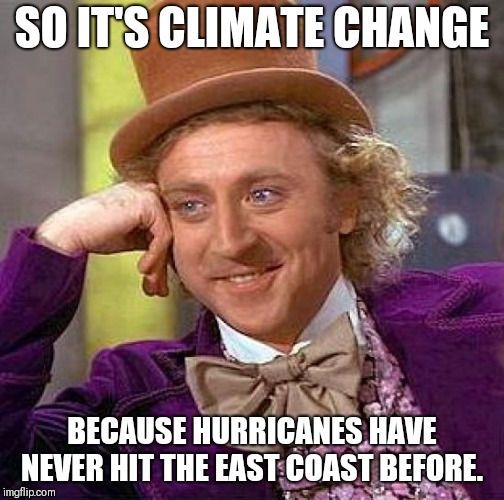 Creepy Condescending Wonka Meme | SO IT'S CLIMATE CHANGE; BECAUSE HURRICANES HAVE NEVER HIT THE EAST COAST BEFORE. | image tagged in memes,creepy condescending wonka | made w/ Imgflip meme maker